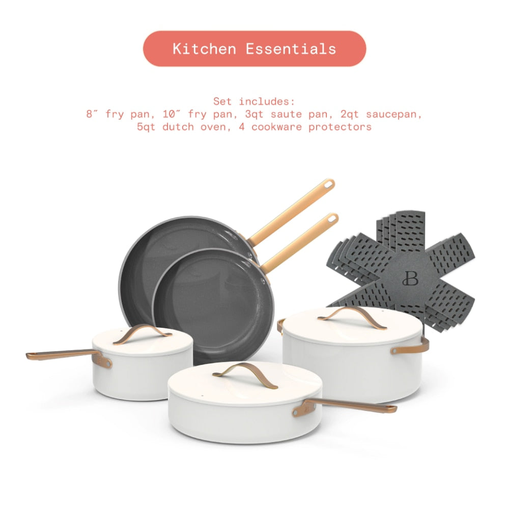 Beautiful 12pc Ceramic Non-Stick Cookware Set, White Icing by Drew Barrymore pots and pans pots and pans set