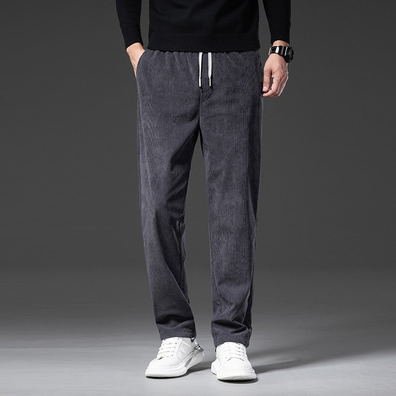Spring Autumn Men's Corduroy Casual Pants Elastic Waist Business Fashion Straight Loose Trousers Male Black Khaki Blue M-5XL
