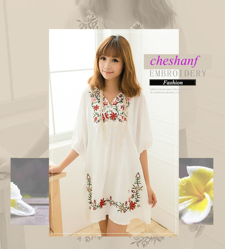 Summer Women Mexican Embroidered Floral Peasant Blouse Vintage Ethnic Tunic Boho Hippie Clothes Tops Blusa Feminina