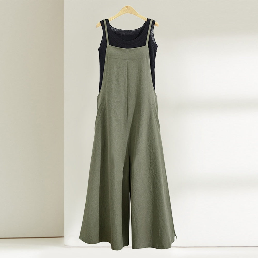 Casual Loose Jumpsuit Women Summer Solid Cotton Linen Straps Wide Leg Pants Dungaree Bib Overalls Sleeveless Oversized Jumpsuits