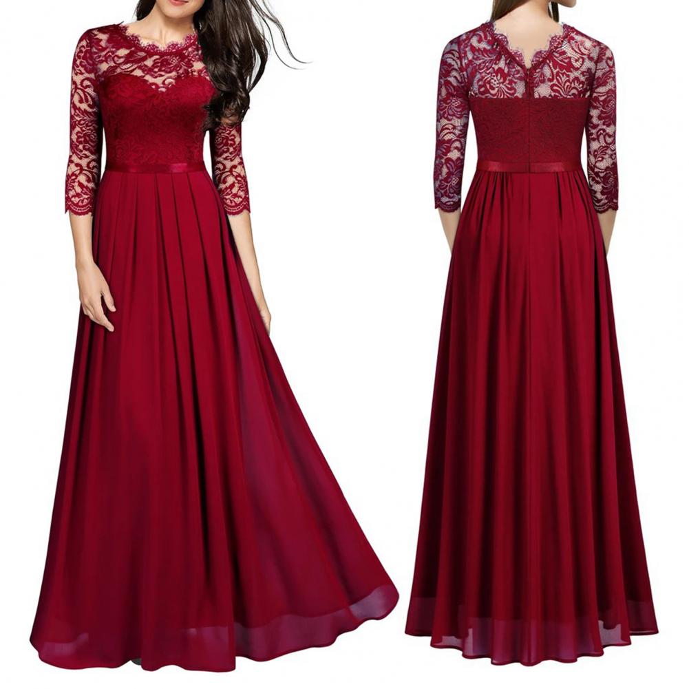 Long Dress Fashion All-matched Women Dress O Neck 3/4 Sleeve A-Line Long Dress for Birthday Party
