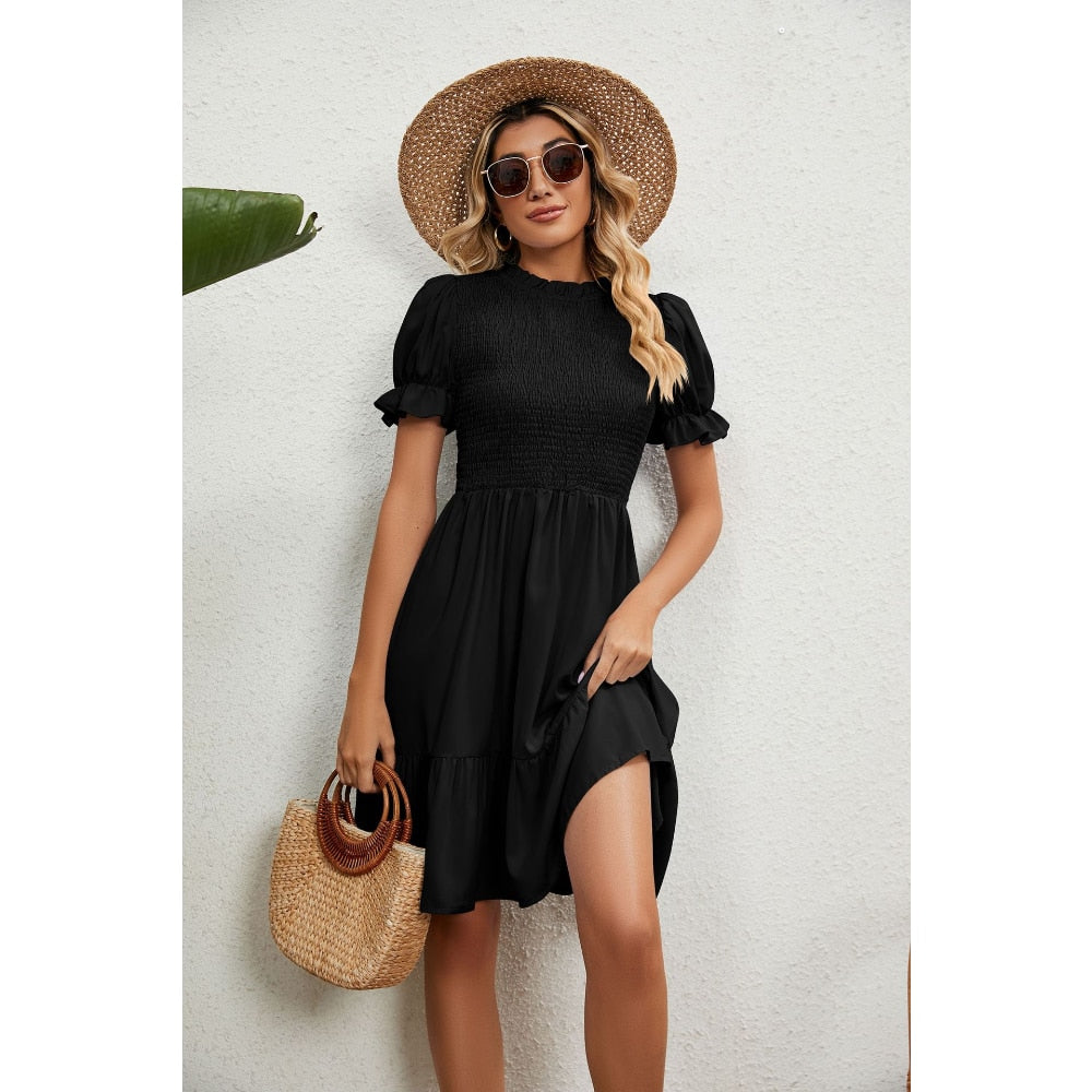 Dresses for Women 2023 Summer Round Neck Pleated Drawstring Pure Color Short Sleeve Slim Fit Women's Dresses Summer Dress