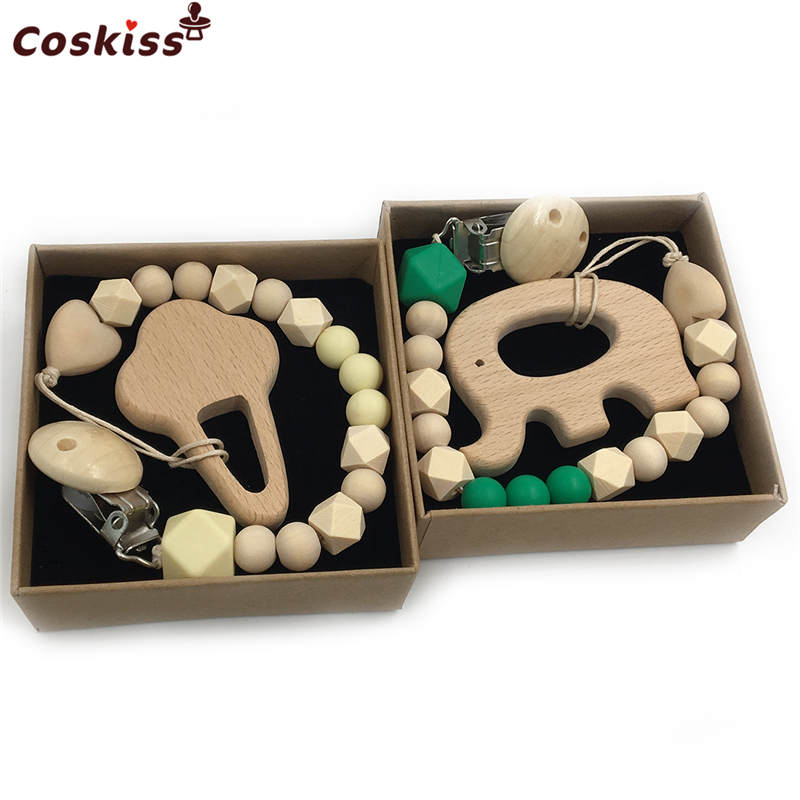 2pc Baby Teether Organic Wooden Animal Teether Natural Teething Grasping Toy Silicone Bead Toddler Teether Newborn DIY Baby Gift