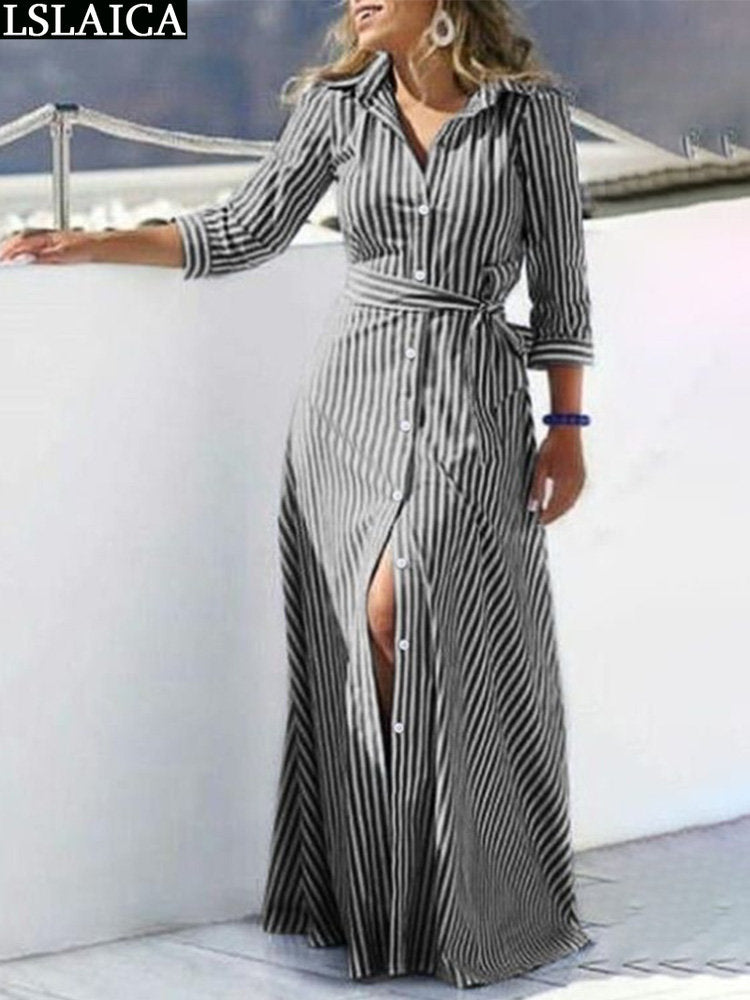 Shirt Women's Dress Boho Elegant Party Dresses 2023 Long Evening Gown Lace Up Simple Summer Striped Gowns Ladies Chic New Trendy
