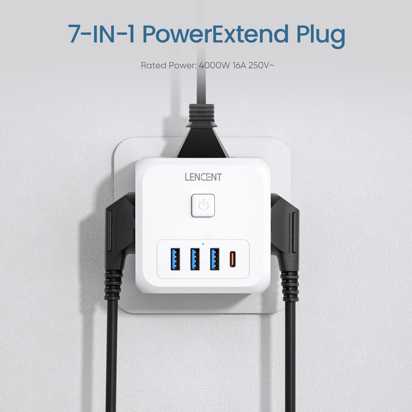 LENCENT EU Plug Power Strip with 3 AC Outlets +3 USB Charging Ports+ 1 Type C 5V 2.4A Adapter 7-in-1 Plug Socket On/Off Switch