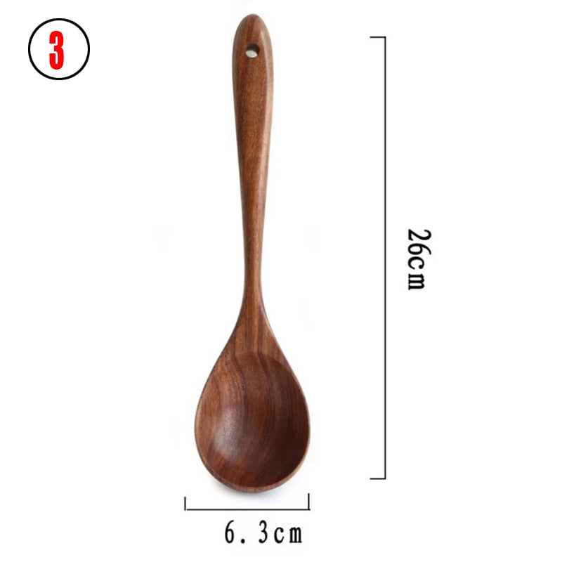 Teak Natural Wood Tableware Spoon Ladle Turner Rice Colander Soup Skimmer Cooking Spoon Scoop Kitchen Reusable Tool Kit
