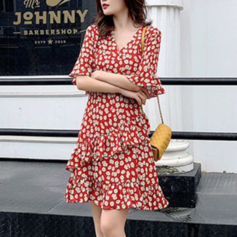 Vintage Printed Loose Asymmetrical Ruffles Mini Dress Women's Clothing 2023 Summer New Office Lady Flare Sleeve Floral Dress