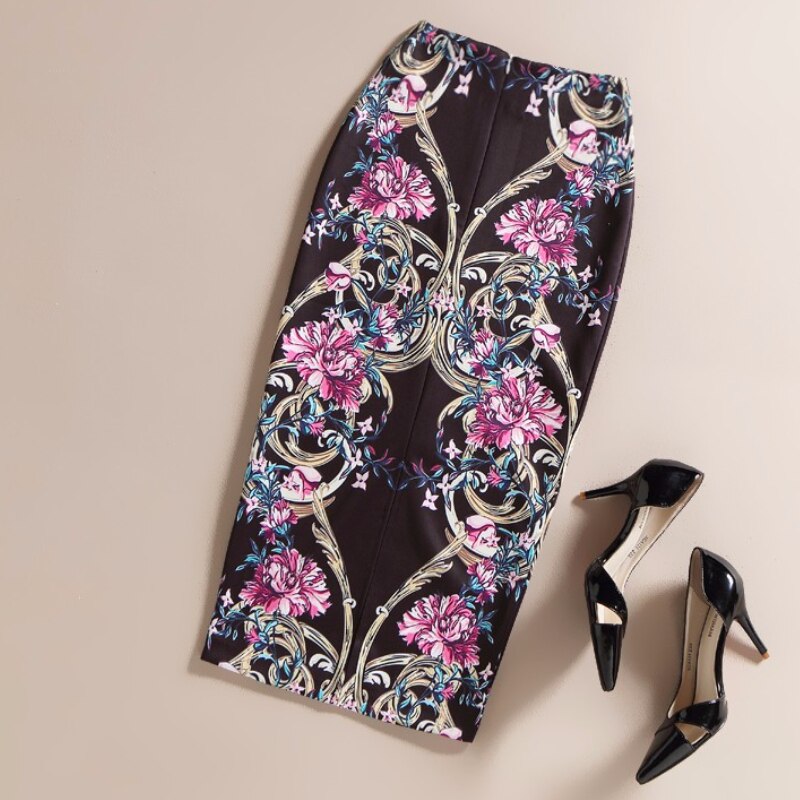 Ladies Elegant Baroque Style Geometric Pattern Print High Waist Tight Pencil Skirt Wear To Work Office Lady Wear Bottom