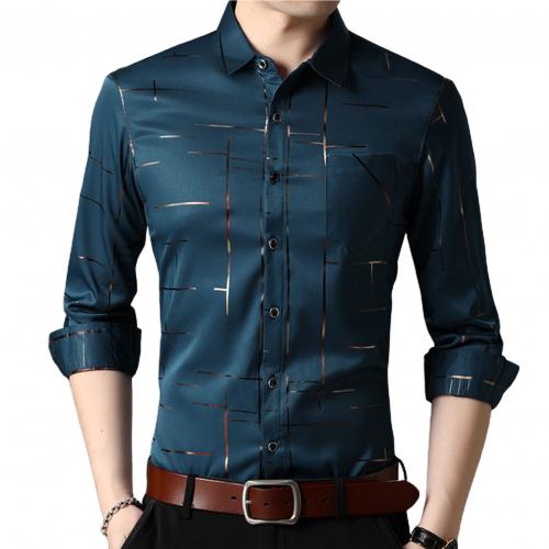 Slim Men Shirt Dress Long Sleeve Turn Down Collar Stripes Single-breasted Polo Business Shirt Top