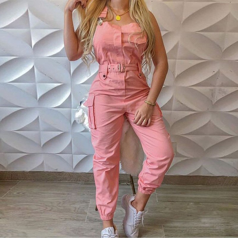 Black Women Jumsuits Casual Cargo Pants Sleeveless Belt One Piece Ladies Outfits Plus Size Romper Overalls 2021 Fashion Clothing