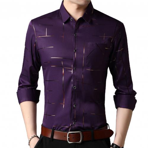 Slim Men Shirt Dress Long Sleeve Turn Down Collar Stripes Single-breasted Polo Business Shirt Top