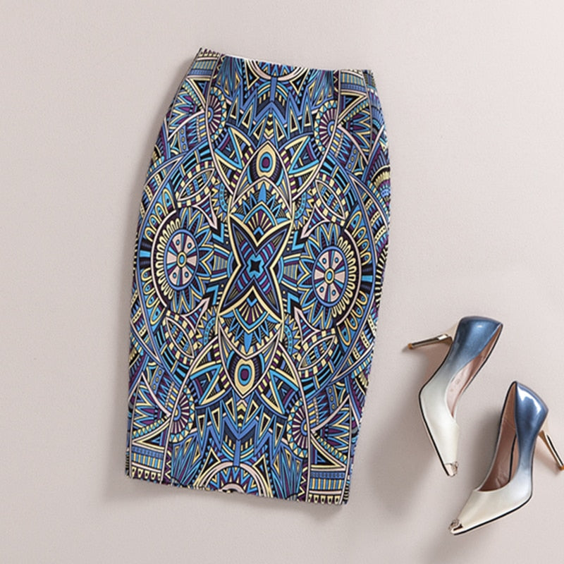 Ladies Elegant Baroque Style Geometric Pattern Print High Waist Tight Pencil Skirt Wear To Work Office Lady Wear Bottom