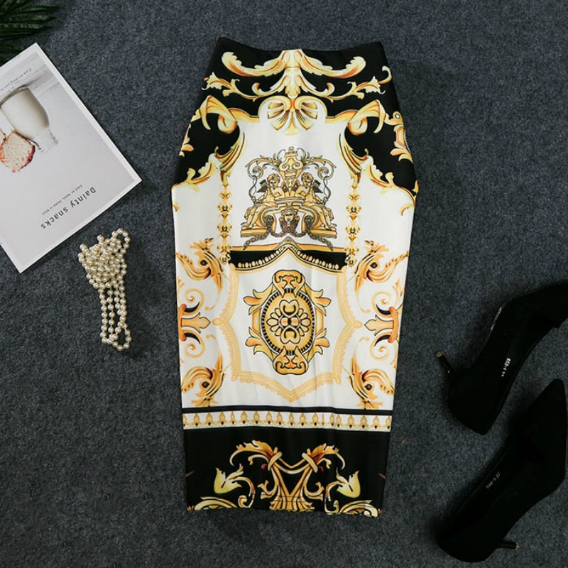 Ladies Elegant Baroque Style Geometric Pattern Print High Waist Tight Pencil Skirt Wear To Work Office Lady Wear Bottom