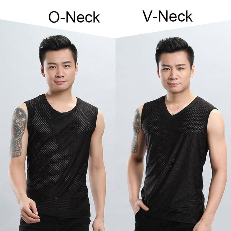 Men Ice Silk Tank Tops Underwear Mens Undershirt Transparent Shirts Male Bodyshaper Fitness Wrestling Mesh Breathable Singlets