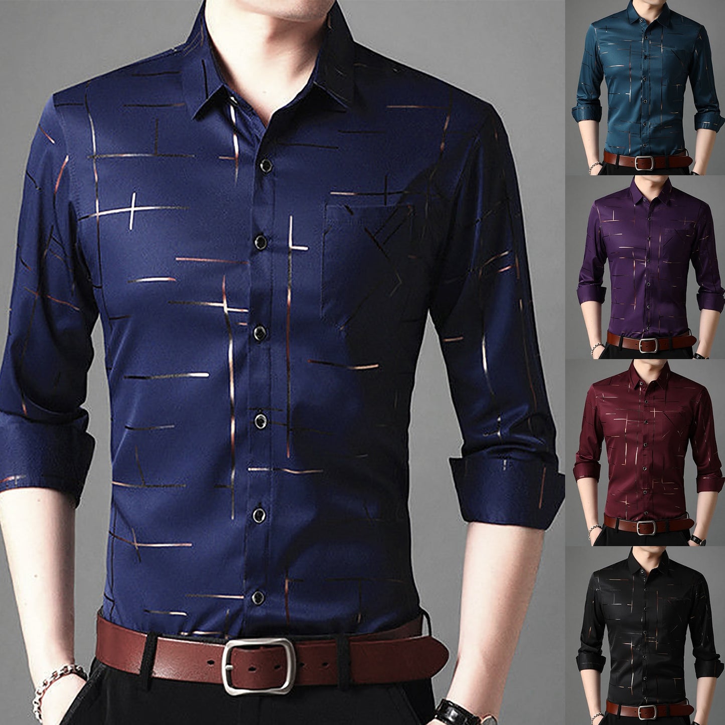 Slim Men Shirt Dress Long Sleeve Turn Down Collar Stripes Single-breasted Polo Business Shirt Top