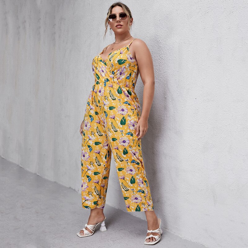 Summer Jumsuits 2XL To 7XL Oversized Rompers Pants Spaghetti Strap Floral Print High Waist V-neck Women Trousers T2536