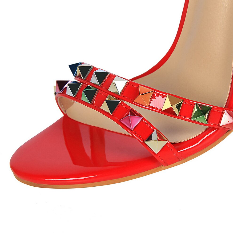 2023 Women 11cm High Heels Heels Rivets Studded Sandals Lady Sandles Stiletto Glossy Pumps Stripper Summer Fetish Strappy Shoes
