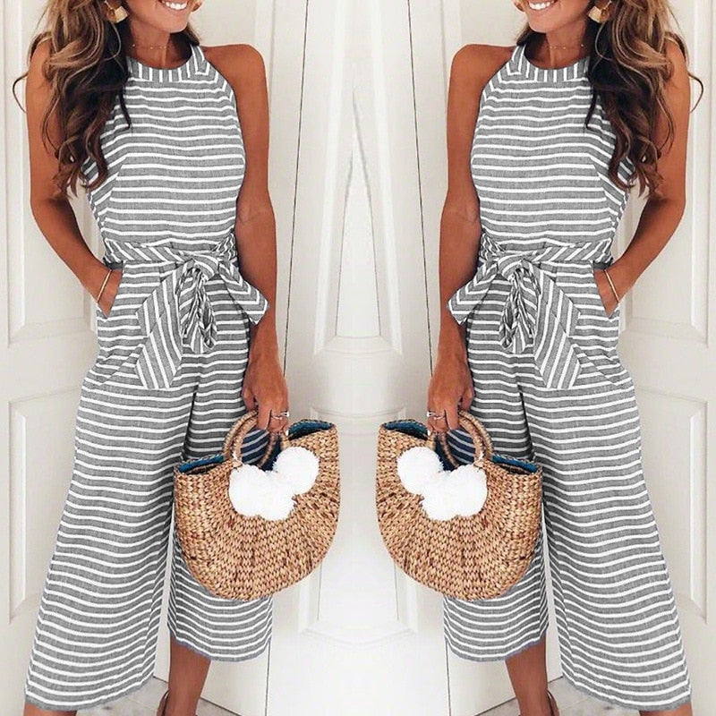 New Fashion Summer Fashion Overalls Women Strip O Neck Sleeveless Long Rompers Elegant Belt Bow Loose Party Jumsuit