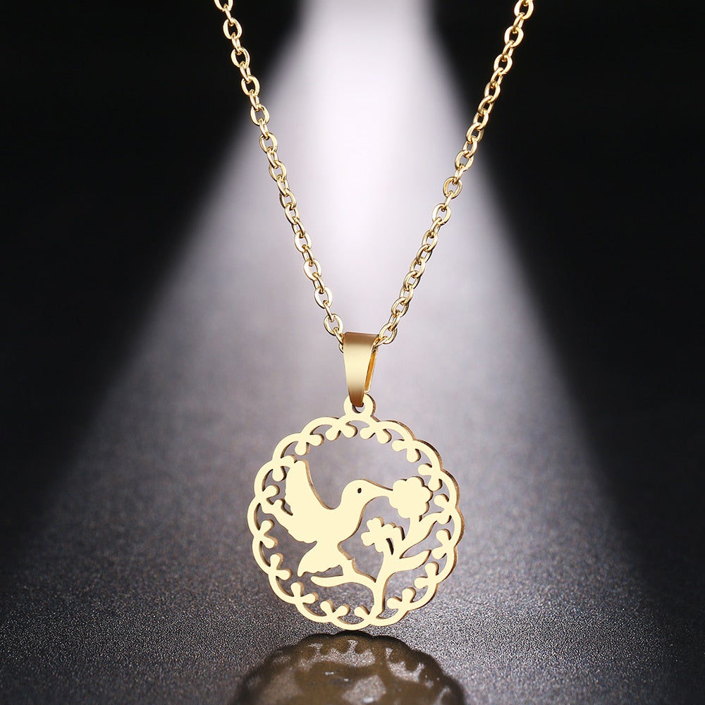 DOTIFI Stainless Steel Necklace For Women Man Bird Kissing Flower Gold Color Pendant Necklace Engagement Jewelry
