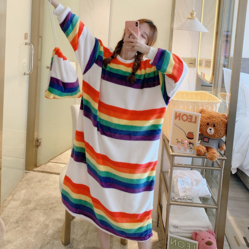 Robe Femme Night Wear Women Velvet Cute Cartoon Print Long Comfort Nightgown Loose Plus Size Winter Clothes Sleepwear Women