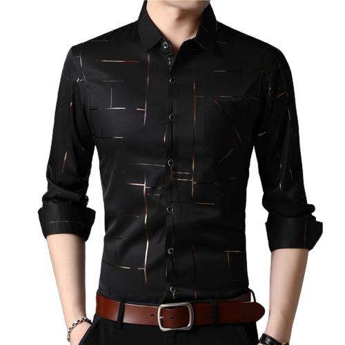 Slim Men Shirt Dress Long Sleeve Turn Down Collar Stripes Single-breasted Polo Business Shirt Top