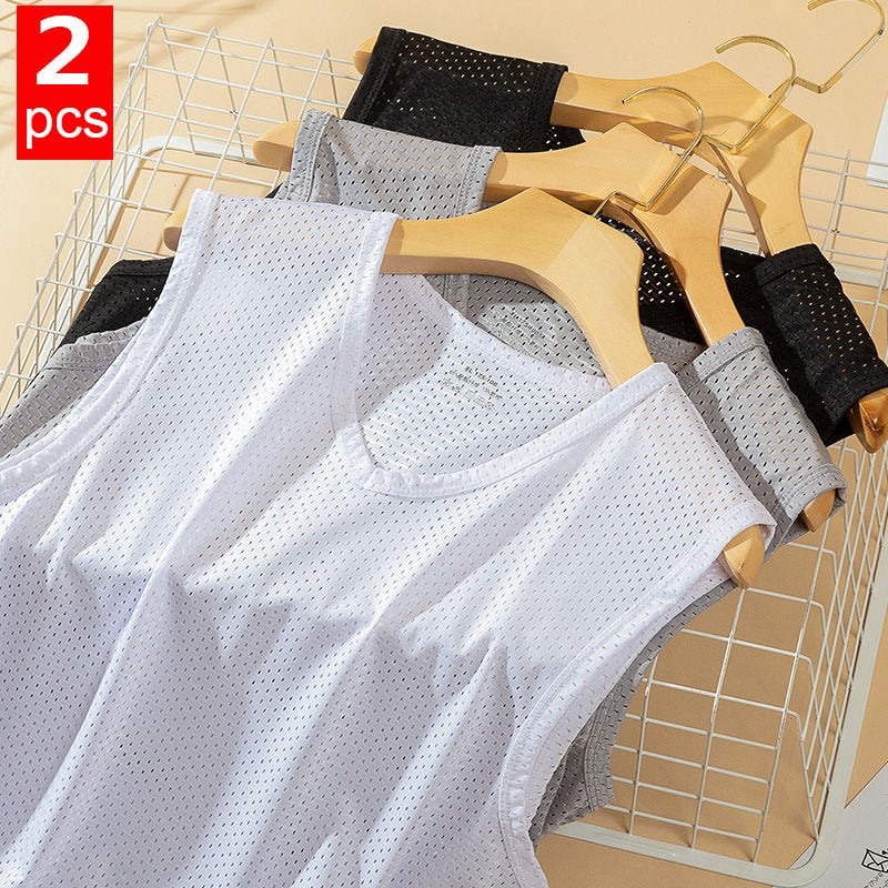 Men Ice Silk Tank Tops Underwear Mens Undershirt Transparent Shirts Male Bodyshaper Fitness Wrestling Mesh Breathable Singlets