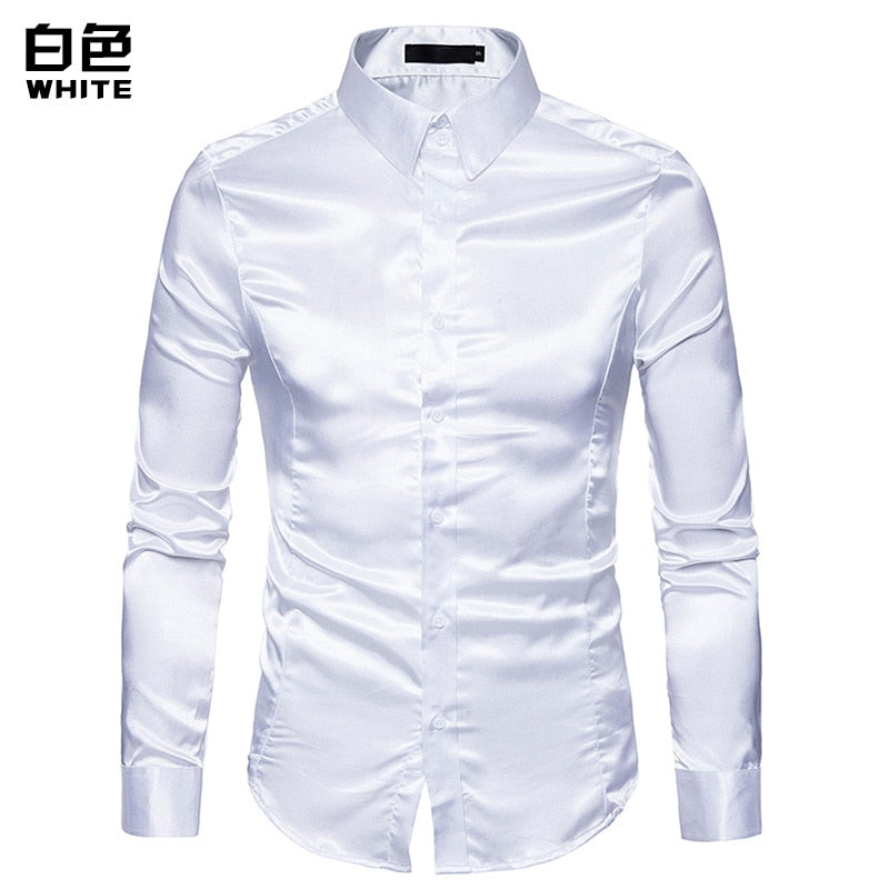 Plus size S-XXL Men Shirt Silk Satin Smooth Men Solid Tuxedo Business Shirt Men Casual Slim Fit Shiny Gold Wedding Dress Shirts