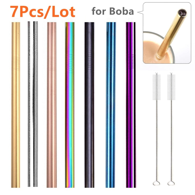 7 Colors 8.5" Wide Metal Drinking Straw 304 Stainless Steel Straws Set Reusable Boba Straw for Bubble Tea Milk Bar Accessory