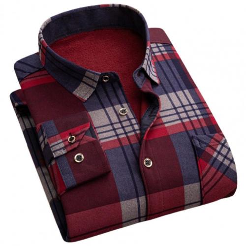 Men Autumn Shirt Slim Great Turn-down Collar Plaid Thicken Warm Lapel Formal Shirt