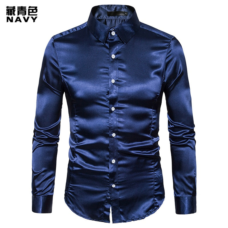 Plus size S-XXL Men Shirt Silk Satin Smooth Men Solid Tuxedo Business Shirt Men Casual Slim Fit Shiny Gold Wedding Dress Shirts
