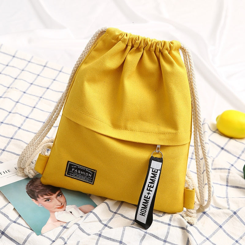 Canvas Drawsting Backpack Shoulder Bags For Women Female Solid Organizer Bags For Ipad Mobile Phone Zipper Outdoor Sports Bags