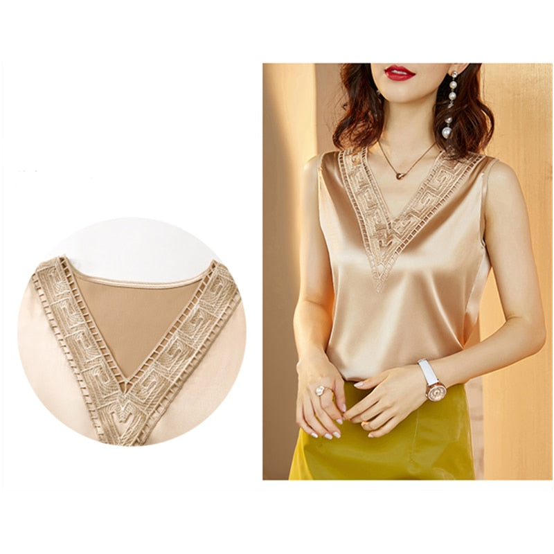 2022 Summer Fashion Silk Womens Blouses Satin Tops Woman Shirts Embroidery Sleeveless Ladies Top V-neck Lace OL Women Clothing