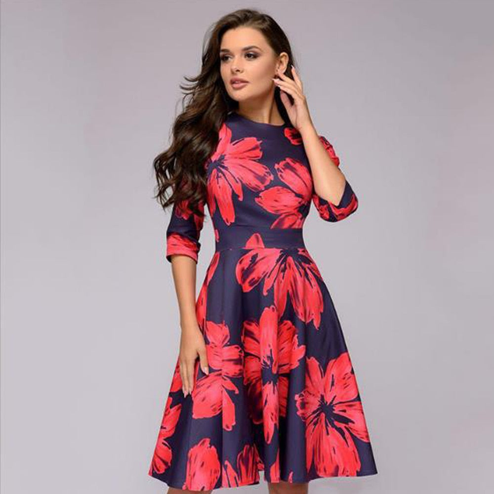 Eleghant Women Tunic Floral Dresses High Waist A-Line Dress Vintage Ladies O-Neck 3/4 Sleeved Pleated Flowers Autumn Dress