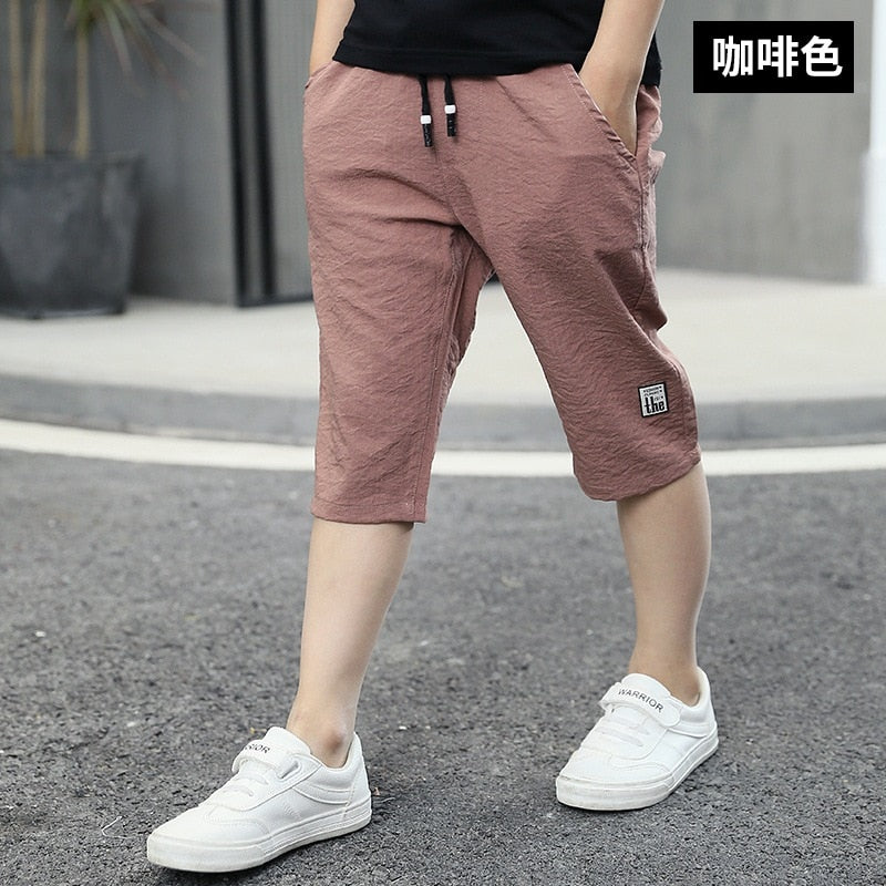 3-13Year Children Shorts Teenager Boys Shorts Summer Kids Knee Length Straight Shorts Boys Linen Cotton Capris Track Pant Casual