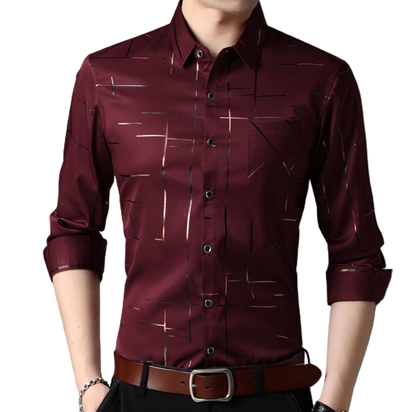Slim Men Shirt Dress Long Sleeve Turn Down Collar Stripes Single-breasted Polo Business Shirt Top
