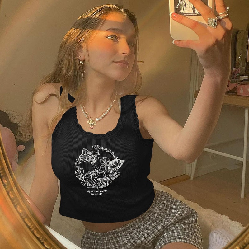 PixieKiki Cartoon Printed Lace Trim White Crop Top Fairy Grunge Summer Clothes for Women Cute Slim Fit Ribbed Tank Tops P95-BC12