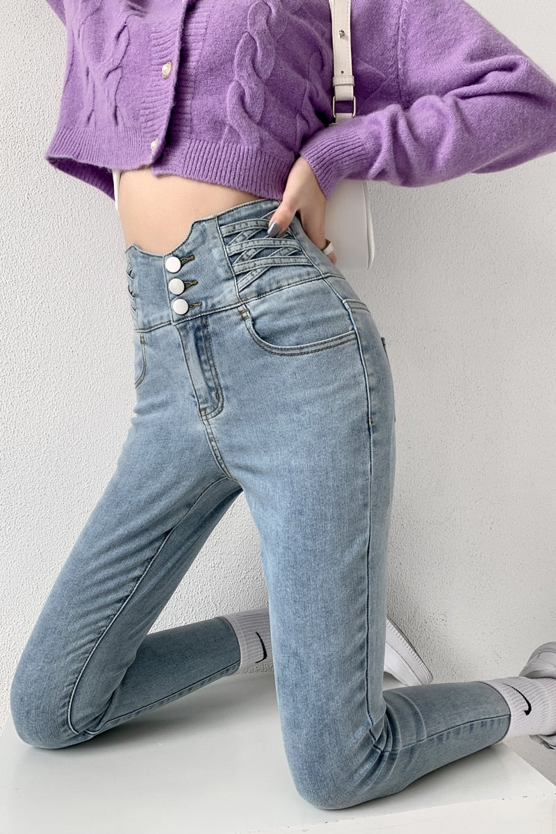 ZOENOVA Skinny Pencil Jeans Four Buttons Vintage High Waist Women Slim Stretch Denim Pants Tight Trousers 2022 Women's Pants