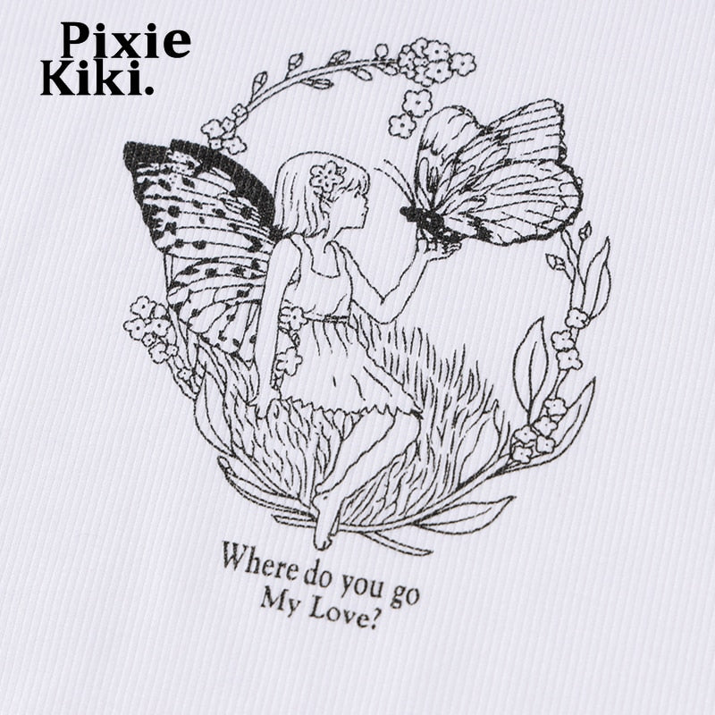 PixieKiki Cartoon Printed Lace Trim White Crop Top Fairy Grunge Summer Clothes for Women Cute Slim Fit Ribbed Tank Tops P95-BC12