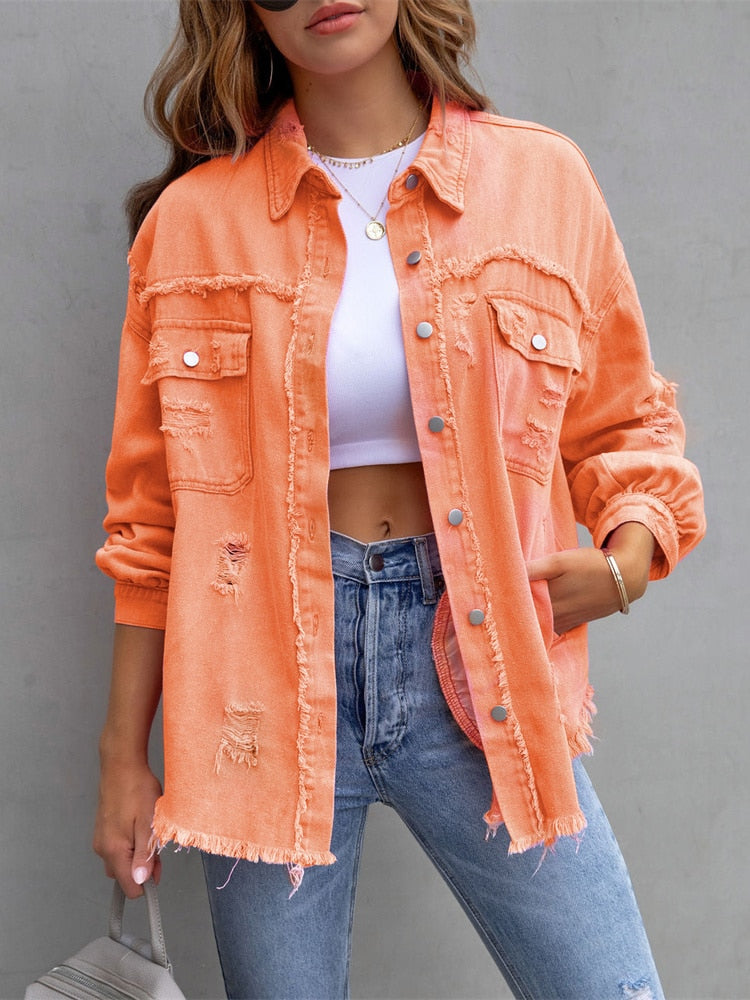 2023 Holes Raw-edges Denim Jacket Women Spring Autumn Shirt Style Jeancoat Casual Top Rose-Red Orange Purple Outerwear Lady Coat