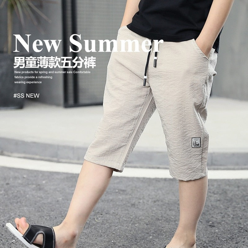 3-13Year Children Shorts Teenager Boys Shorts Summer Kids Knee Length Straight Shorts Boys Linen Cotton Capris Track Pant Casual