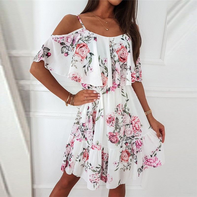 Woman 2023 Floral Print Dress Summer Fashion Spaghetti Strap Off Shoulder Sleeveless Dresses Holiday A-Line Mesh Fabric Vestidos