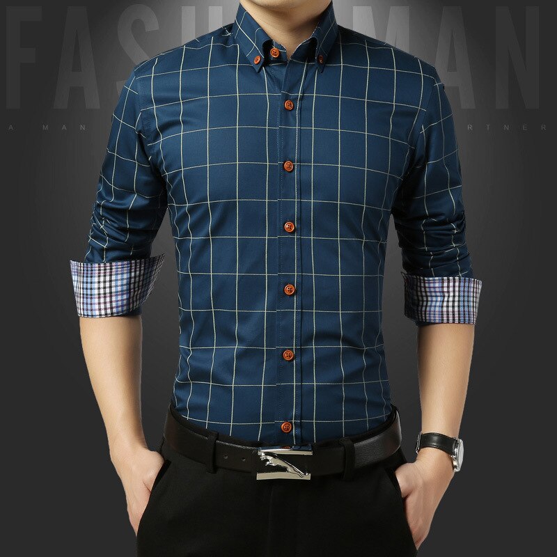 Korean-Style Shirt Men's Slim Fit Plaid Shirt Men's Long-Sleeved Shirt Business Casual Party Formal Dress For Job Interview