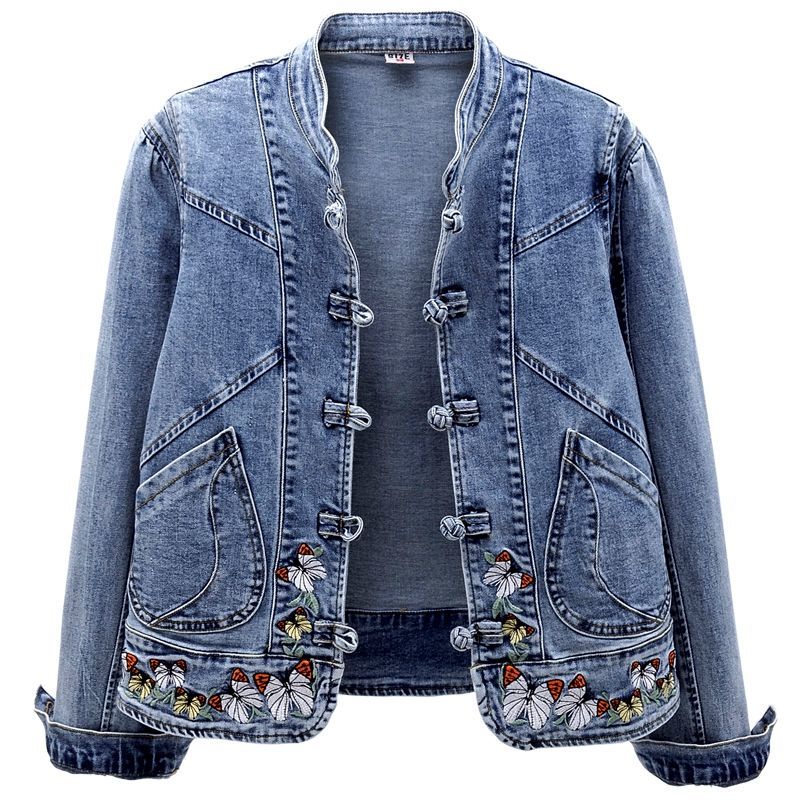 Short Denim Jacket Vintage Chinoiserie Embroidered Stretch Jacket Women's Spring and Autumn All Match Fashion Harajuku Slim Tops