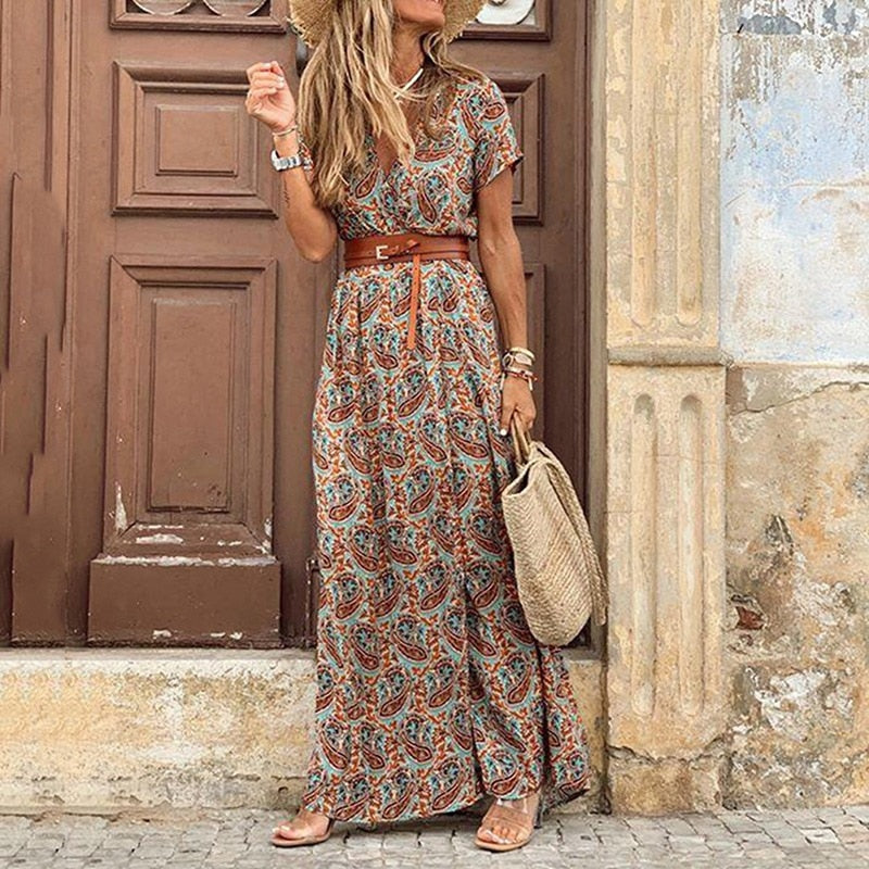 Boho Paisley Print Dress Women Elegant V Neck Short Sleeve Belt Large Hem Long Dress 2023 Summer Vintage Beach Party Maxi Dress