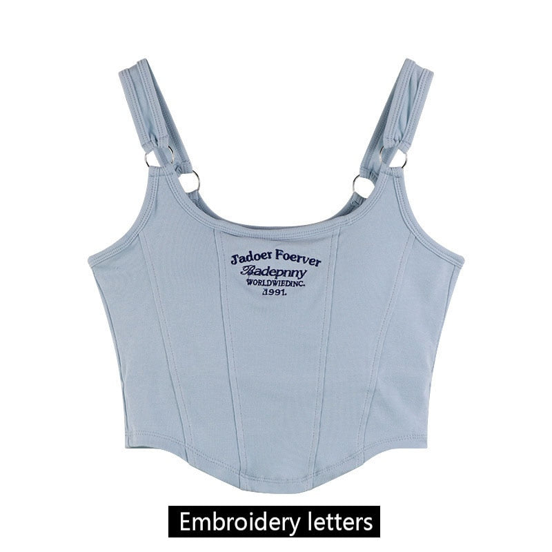 Women Sleeveless Crop Top Tank Tops Sexy Vest Letters Y2K Solid Color Short Women's T-shirt Camisole Crop Top With Bra Pad