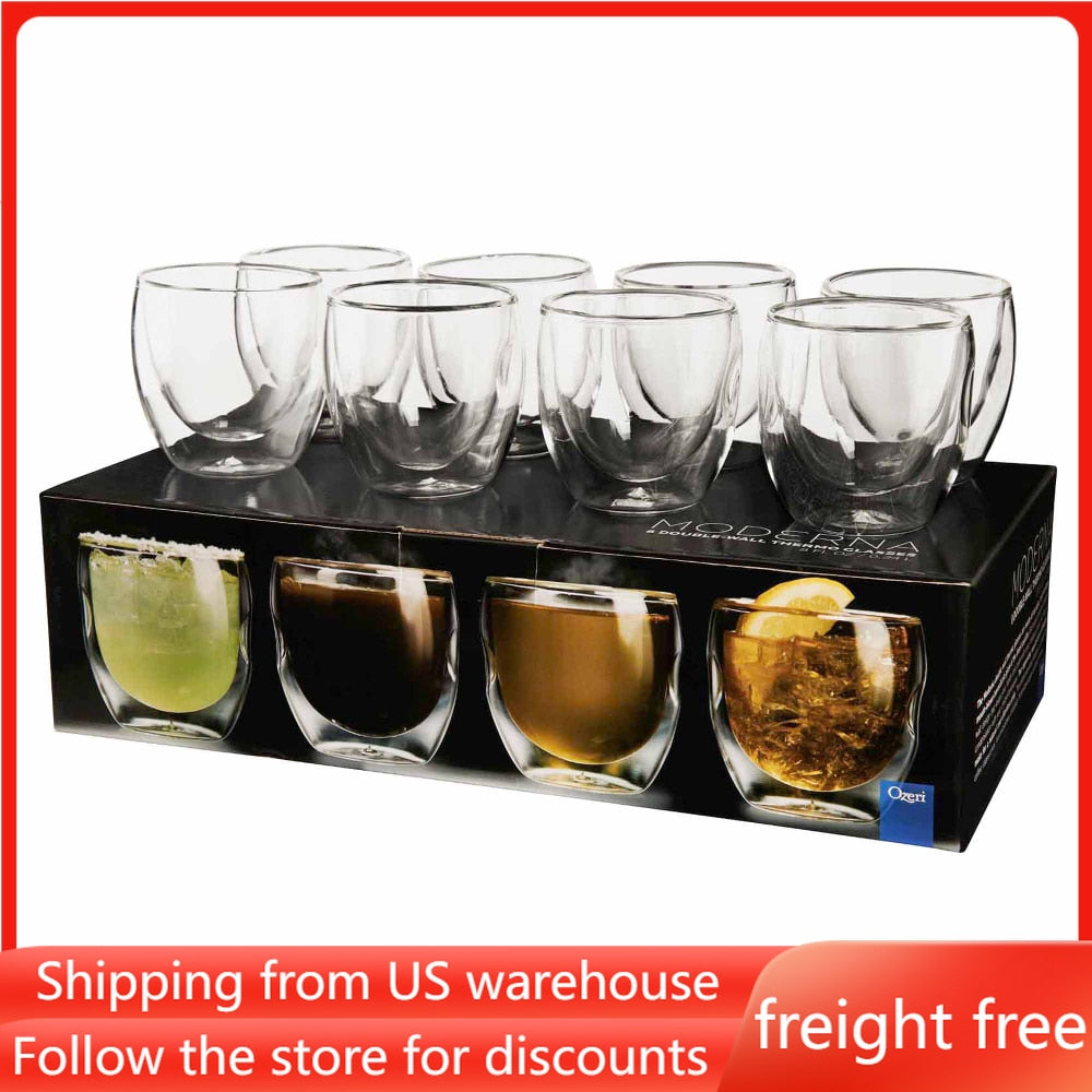 Double Wall 8 Oz Beverage Glasses Wine Glass Cup Free Shipping Drinkware Set of 8 Cocktail Whiskey Drinking Kitchen Dining Bar