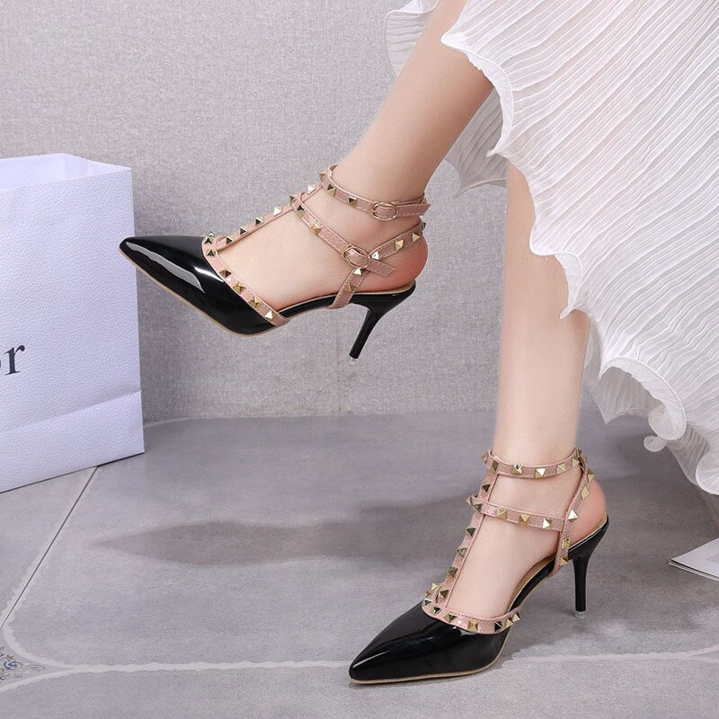 2023 Summer Women Fetish 8cm High Heels Rivets Studded Sandals Lady Sandles Stiletto Green Heels Gladiator Pumps Stripper Shoes
