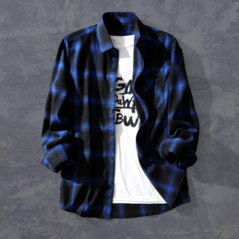 Chic Men Spring Shirt Plaid Print Soft Men Autumn Shirt Cardigan Wear-resistant Spring Shirt