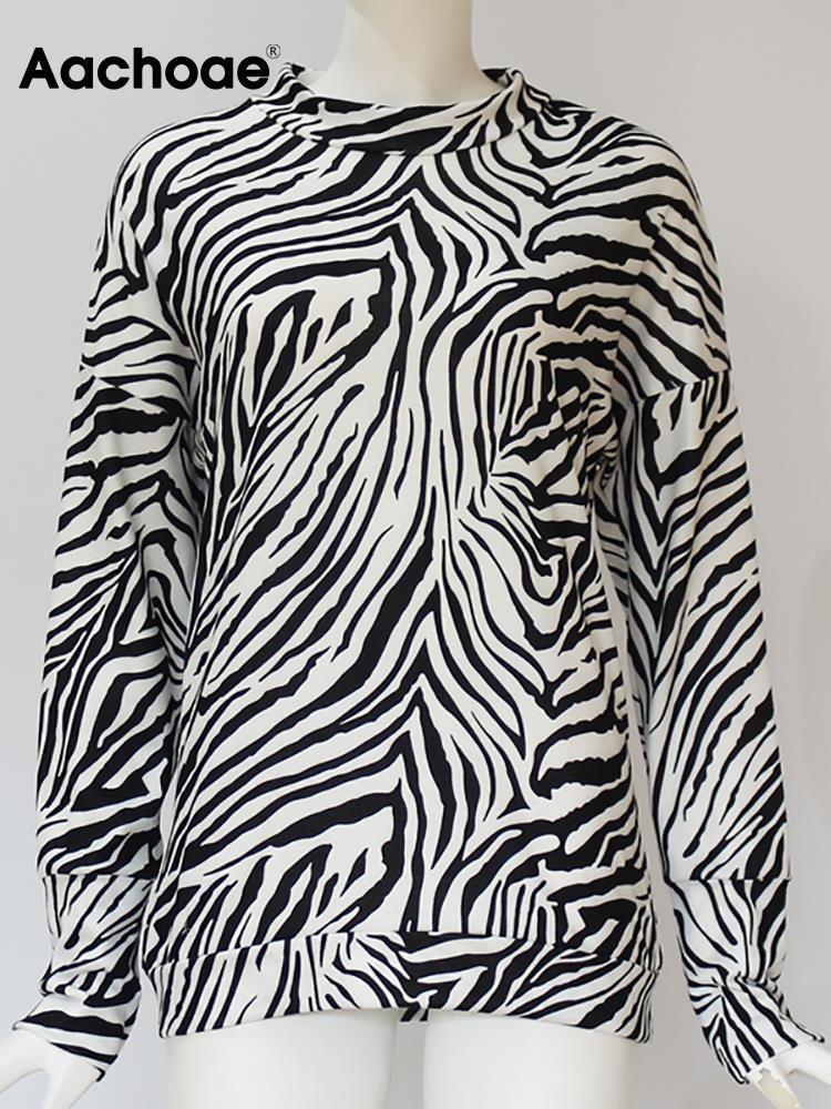 Aachoae 2022 Zebra Print Womens Tops And Blouses Casual Knitted Shirt Stand Collar Long Sleeve Ladies Blouse Top Blusa Mujer