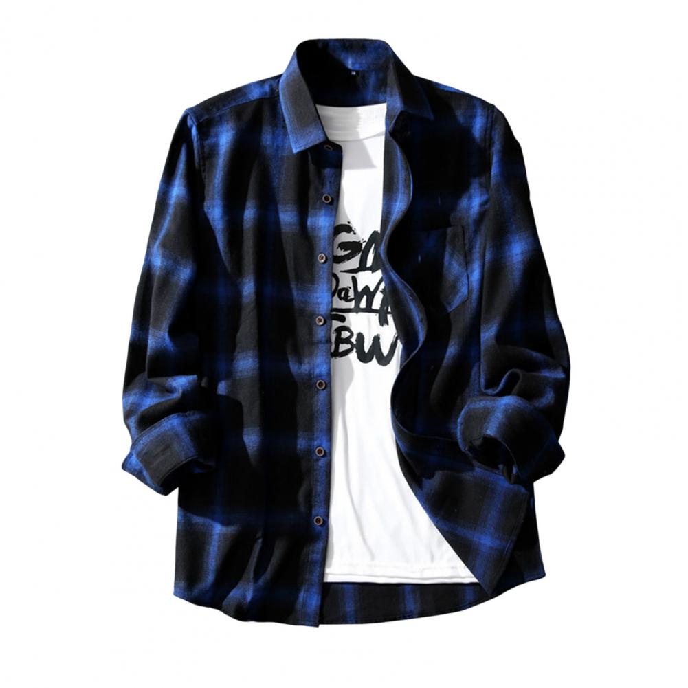 Chic Men Spring Shirt Plaid Print Soft Men Autumn Shirt Cardigan Wear-resistant Spring Shirt